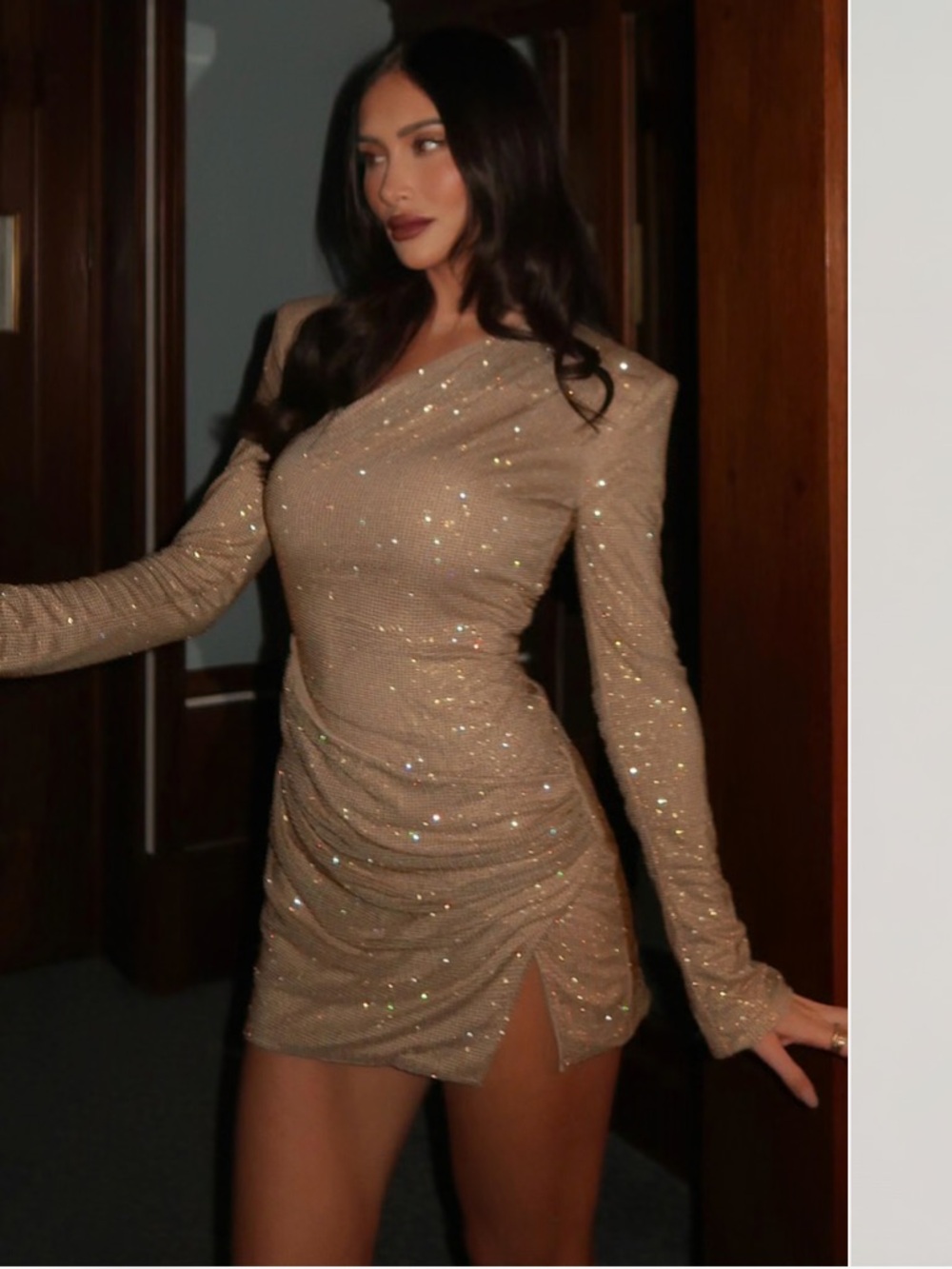 Oh Polly Embellished Asymmetric Bodycon Mini Dress in Gold